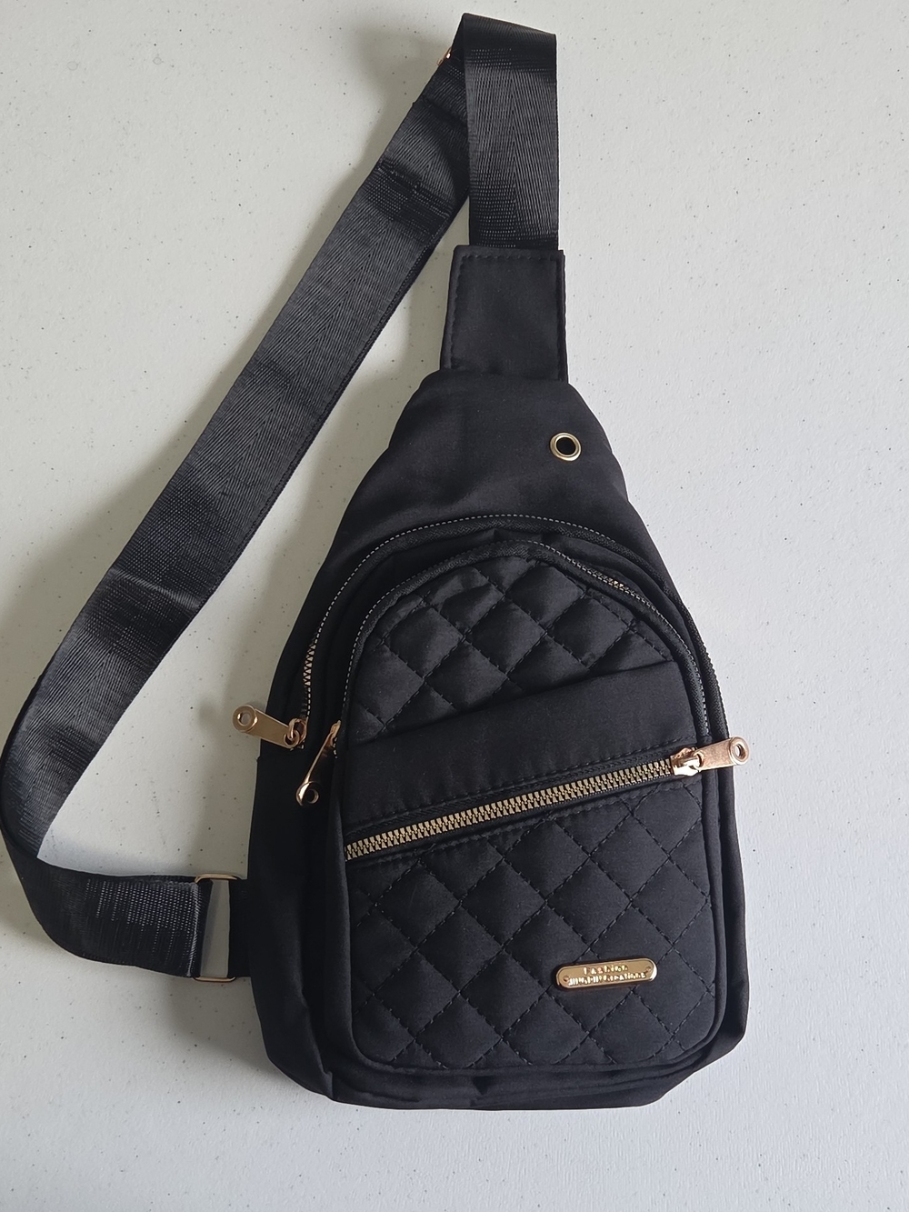 Black Quilted Chest Bag Crossbody Sling with Gold Hardware